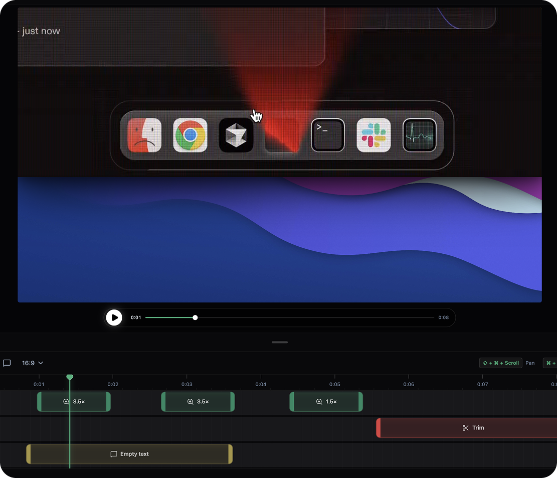Screen recording software editor with zoom effects and timeline controls