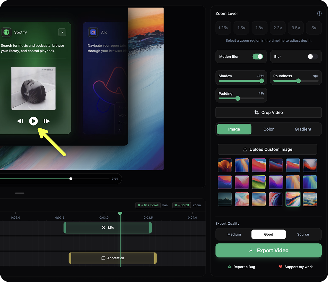 Screen and audio recorder interface with cursor spotlight and click effects